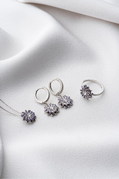 Silvano Jewelry 925 Ayar Gümüş Mor Taşlı Lotus Takı (Kolye-Küpe-Yüzük) Seti