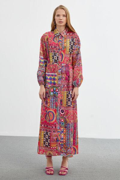 Zühre Rochie lungă fucsia cu model guler de cămașă E-0390