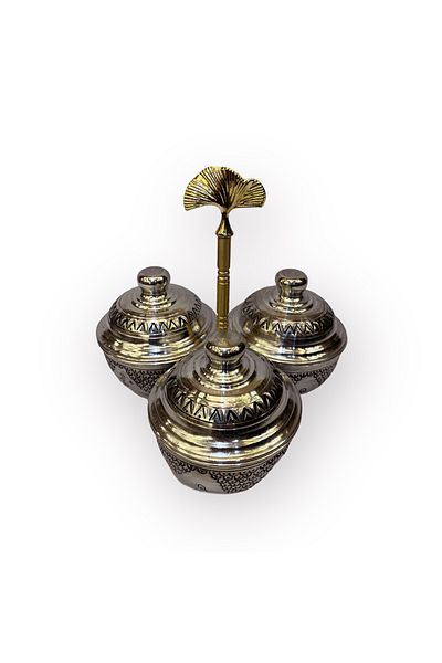 EFEMİR Cluster Pattern Pewter 3-Piece Copper Spice and Catering Holder (SMALL)