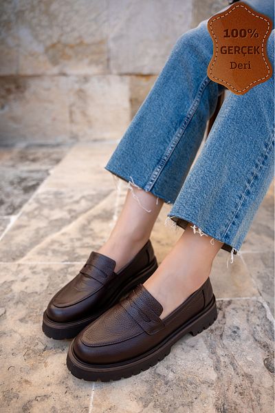 LAMİNTA Miton Bitter Brown 4cm Thick Sole Special Stitching Design Genuine Leather Women's Loafer