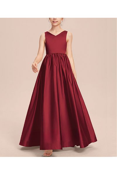 NSMLİFE Girl's Burgundy Color Back V-Neck Detailed Elegant Satin Dress Graduation Birthday Christmas Dress