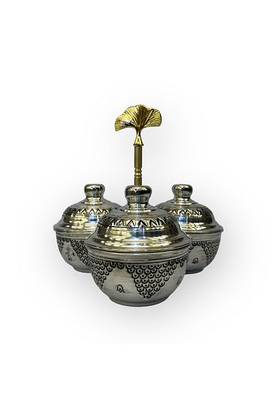 EFEMİR Cluster Pattern Pewter 3-Piece Copper Spice and Catering Holder (SMALL)