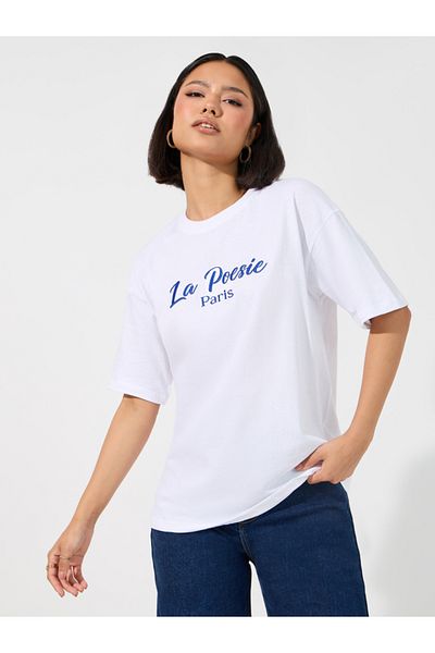 Styli Oversized La Poesie Paris Embroidered Slogan T-Shirt