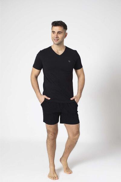 bie's Erkek Siyah V Yaka Havlu Kumaş Ultra Soft Pamuk Cepli Yazlık Kısa Kol Şortlu Pijama Takımı