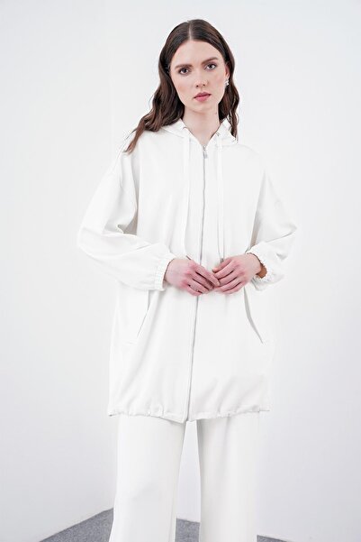 Zühre Hanorac alb cu glugă cu fermoar confortabil C-0092