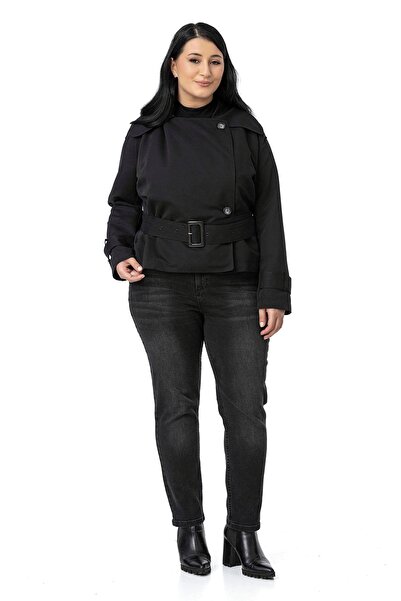 DISENTIS MODEST Büyük Beden Mono Yaka Kemerli Astarlı Kısa Siyah Trençkot