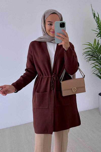 Ka Hijab Ζακέτα με διπλή τσέπη Mercerized στη μέση - Καφέ