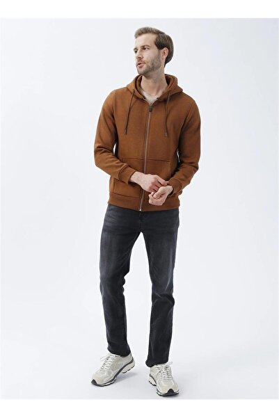 SÜVARİ Obyčejná hnědá mikina Süvari s kapucí a zipem s límcem Regular Fit