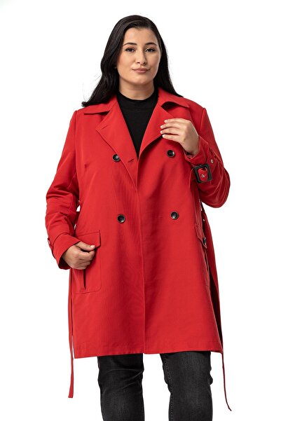 DISENTIS MODEST Büyük Beden Kruvaze Kolu Bant Detaylı Cepli Kuşaklı Astarlı Kırmızı Trençkot