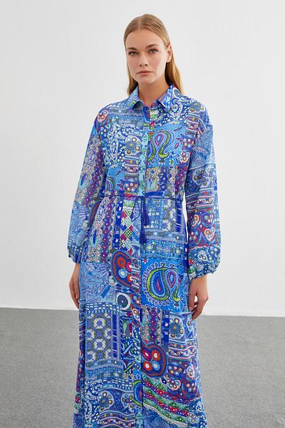 Zühre Shirt Collar Patterned Blue Long Dress E-0390