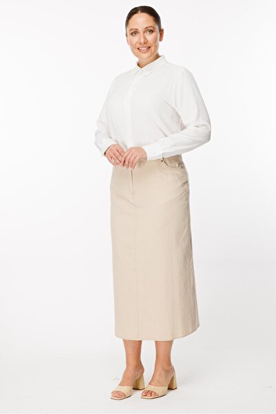 accort Büyük Beden Pamuk Kot Etek - BEJ