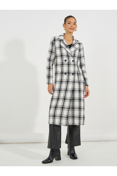 Styli Regular Fit Midi Double Breasted Tweed Coat