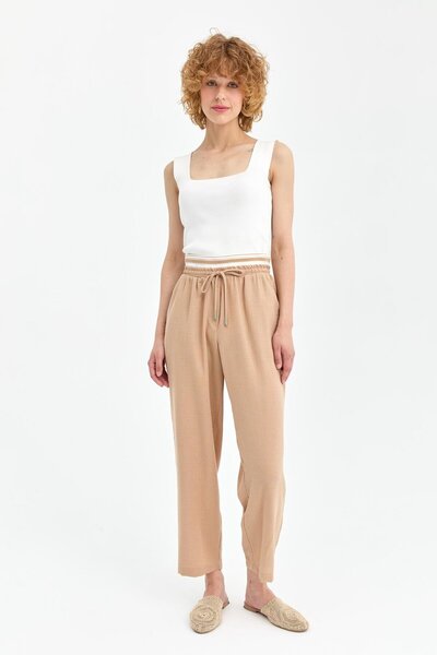 accort Şerit Lastik Detaylı Keten Pantolon - CAMEL