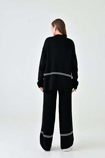 WOMAN VISION Flexible schwarze Strickwaren – Set aus Oversize-Pullover mit Streifendetail und Hose mit hoher Taille 3040