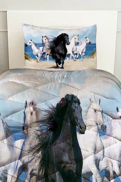 3D ELSE HALI Running Horses Patterned Single Quilted Quilt with Pillowcase
