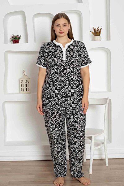 ALİMER Σετ πιτζάμες με μαύρο λουλουδάτο σχέδιο μεγάλου μεγέθους 2795KYB