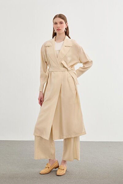 Zühre Double Breasted Collar with Belted Waist Beige Giy Çık GÇ-0189