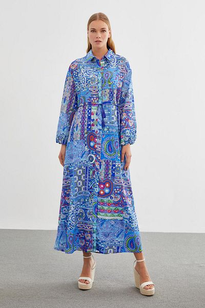 Zühre Shirt Collar Patterned Blue Long Dress E-0390