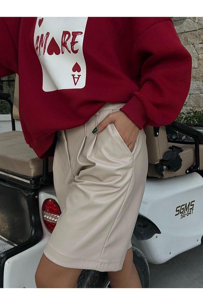 minaaise Pantaloni scurti bermude din piele bej pentru femei 28080