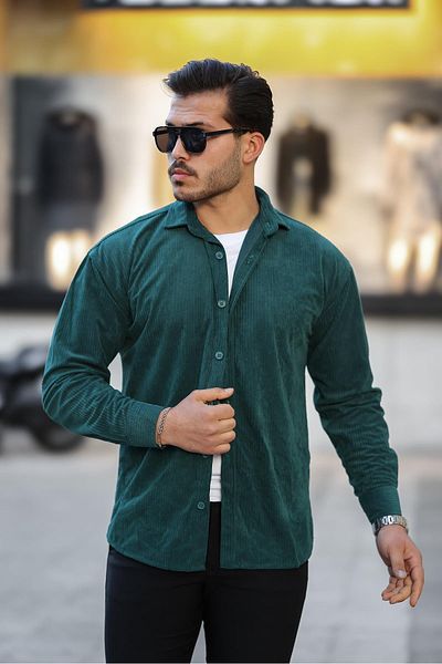 Valiberta Men's Velvet Ribbed Shirt - Emerald Green