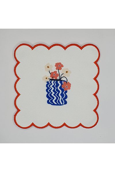 DECO Blue Vase and Flower Patterned Cocktail Napkin with Embroidered Edge