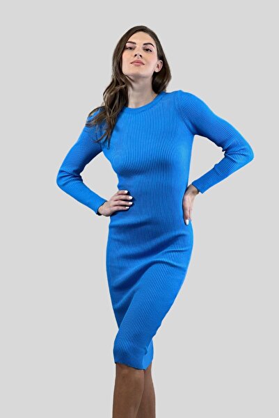 Miss Poem Rochie basic din tricot pentru damă, cu guler rotund