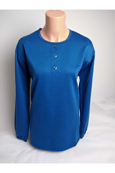 YAŞAR TRİKO Жіночий індіго велосипедний комір, довгі рукави, еластичний розріз, декоративні ґудзики, двоколірна блуза-футболка