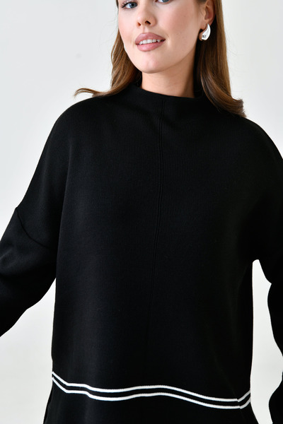 WOMAN VISION Flexible schwarze Strickwaren – Set aus Oversize-Pullover mit Streifendetail und Hose mit hoher Taille 3040