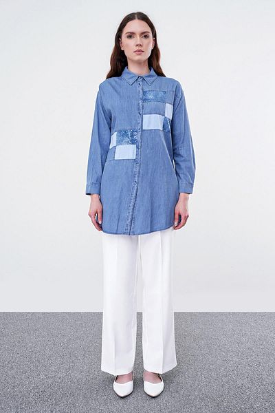 Zühre Cămașă albastră din denim - Detaliu cu paiete, G-0054