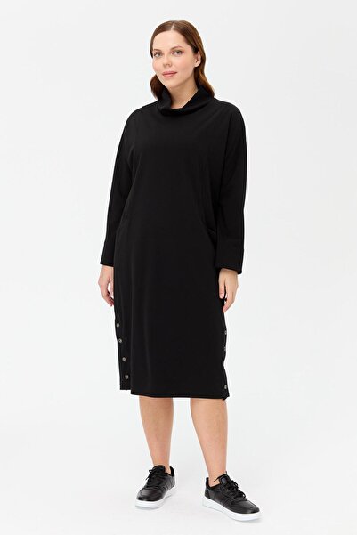 accort Büyük Beden Degaje Yaka Cepli Elbise - SİYAH
