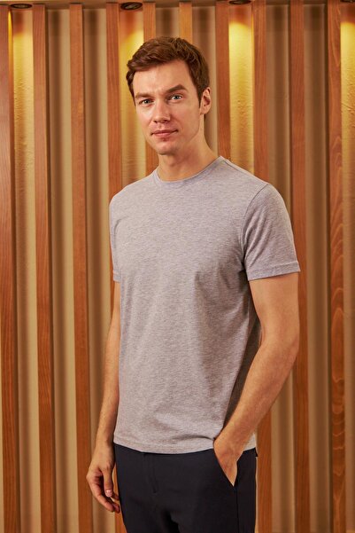 odelon Ανδρικό - Μπλουζάκι με λαιμόκοψη 100% βαμβακερό Slim Fit Grey Melange