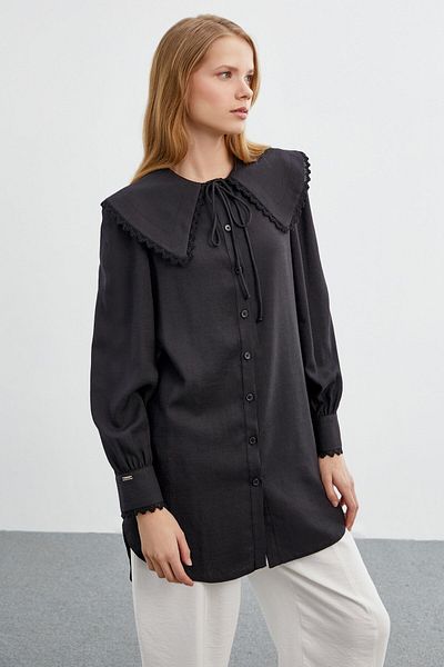 Zühre Black Lace Detailed Bow Shirt - G-0070
