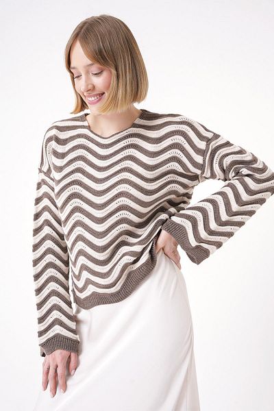 CHUBA Women's Spanish Sleeve Comfortable Fit Crew Neck Knitwear Sweater Brown-Beige 25W3007