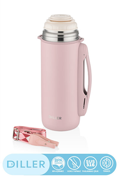 DILLER Yeni Koleksiyon 1260ml Kulplu Fincan-Kapaklı Askılı Paslanmaz Çelik Termos Kamp Matarası