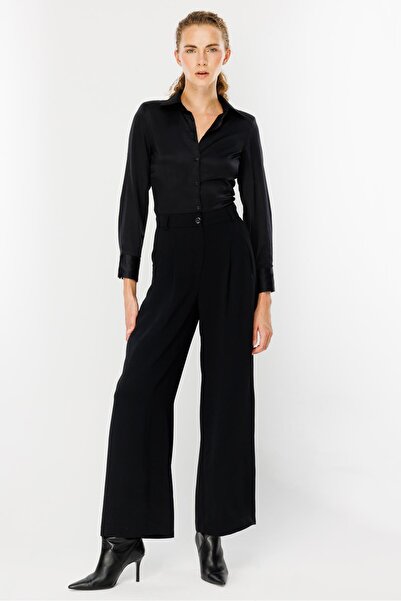 accort Pileli Yüksek Bel Palazzo Pantolon - SİYAH