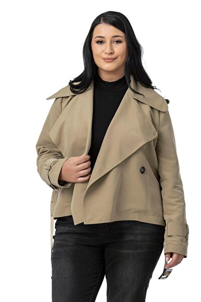 DISENTIS MODEST Büyük Beden Mono Yaka Kemerli Astarlı Kısa Çağla Yeşili Trençkot