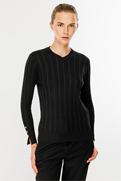 accort Kolları Düğmeli Fitilli Triko Kazak-siyah