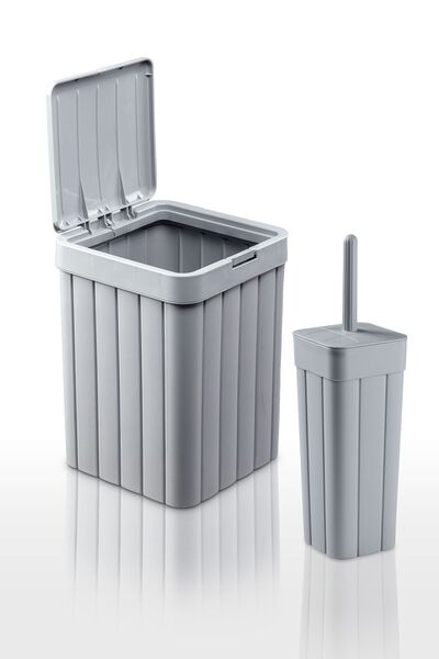 plastyol 2'li Banyo Seti - Bas Aç Kapaklı 10l Çöp Kovası Ve Wc Fırçalık - Gri