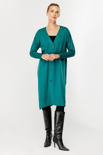 accort Düğmeli Uzun Triko Hırka-PETROL