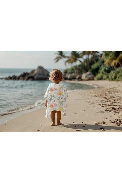 Kentsoylu Hooded Organic Muslin Poncho for 1-5 Years Old Baby - Dinosaur Print, Tie-Up under Sleeve, Oeko-Tex