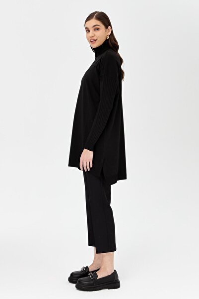 accort Balıkçı Yaka Kolları Fitilli Triko Tunik-SİYAH