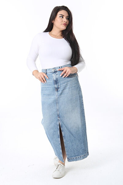 Şans Dámská velká modrá sukně s efektem praní vpředu s rozparkem 65N38406