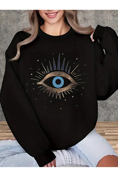 WOODROFFE Hanorac oversize pentru femei Evil Eye imprimat negru gri cu decolteu