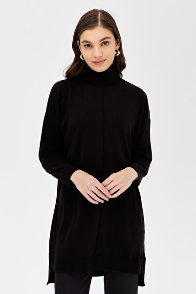 accort Tam Balıkçı Düşük Kol Triko Tunik-SİYAH