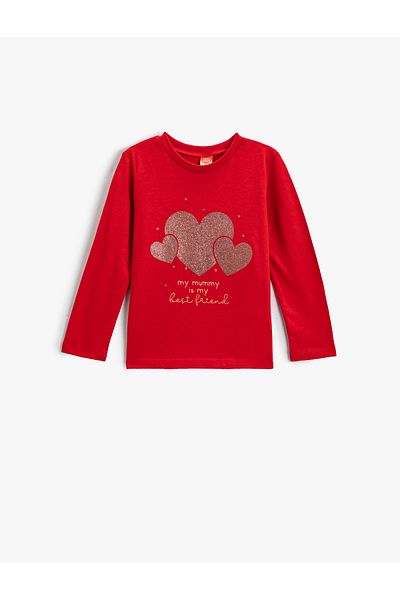 Koton Long Sleeve Cotton T-shirt - Heart Glitter, Crew Neck