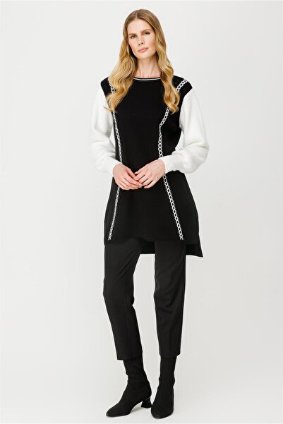 accort İki Renkli Triko Tunik-SİYAH