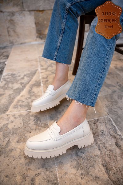 LAMİNTA Mocasini de dama din piele naturala cu talpa groasa de 4 cm Miton Ecru cu design special de cusut