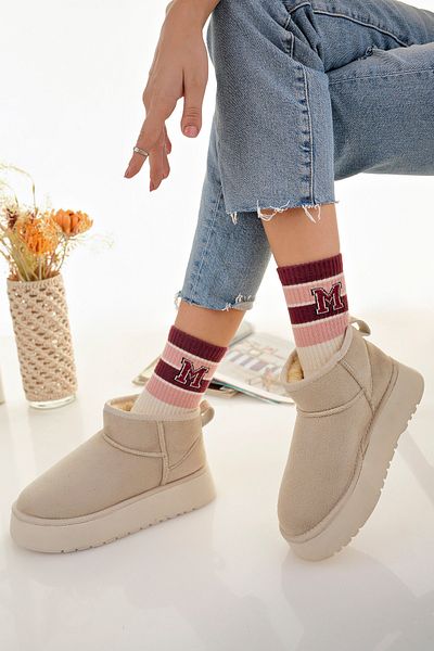 meyra'nın ayakkabıları Beige Suede Mini Women's Boots - Half Boots, Furry Flat Sole