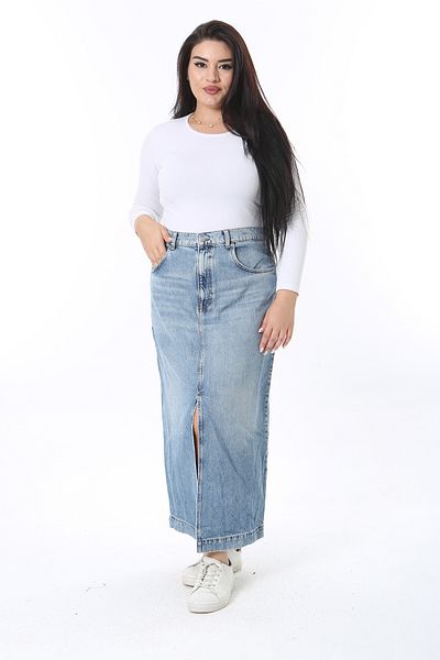 Şans Γυναικεία Plus Size Blue Washing Effect Μπροστινή τζιν φούστα 65N38406