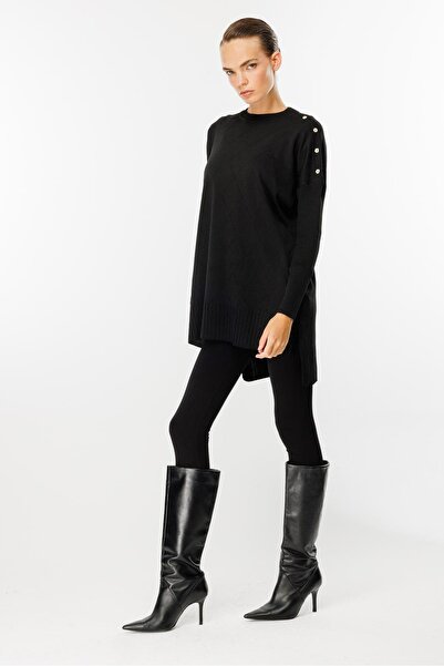 accort Omuzları Düğmeli Triko Tunik-SİYAH